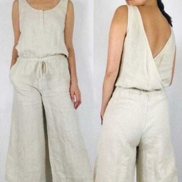 Cloth & Stone Linen Drawstring Wide Leg Crop Jumpsuit Natural Color Sz M - Picture 1 of 8